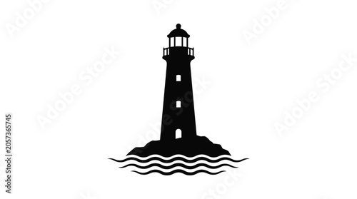 Black lighthouse silhouette on white background nautical coastal landmark