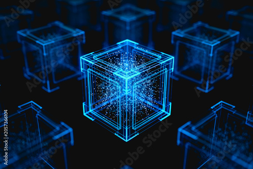 3D rendered glowing wireframe cubes with internal particles, representing digital data and futuristic network concepts.