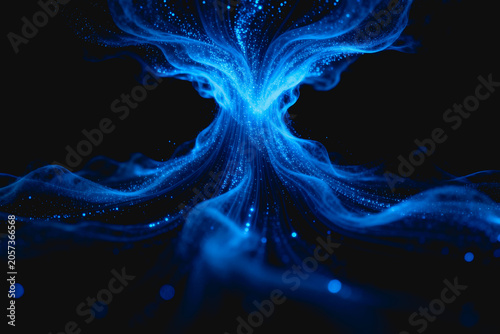 A luminous abstract digital visual of flowing blue light particles and wavy curves against a dark background, conveying a sense of dynamic energy and modern technology.