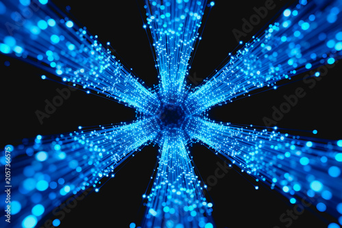Abstract digital art showing blue fiber optic beams bursting from a dark central point, representing data and tech connectivity.