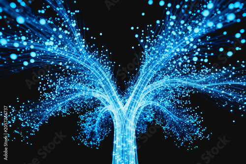 A glowing digital tree constructed from luminous light particles and fibers, representing technology and data networks.