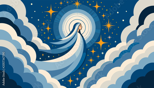Schilderij op canvas A stylized depiction of a celestial woman with flowing white hair against a starry night sky surrounded by swirling clouds