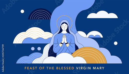 Tableau sur toile Illustration of the Feast of the Blessed Virgin Mary with Mary praying amidst clouds and abstract shapes