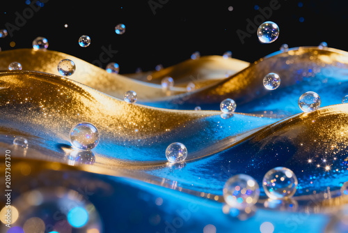 Shiny golden fluid waves hold transparent glossy bubbles, set against a dark sparkly abstract background with soft light reflections.