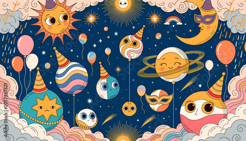 Photography A whimsical cartoon illustration of a festive space party with anthropomorphic planets, sun, and moon wearing party hats and masks, surrounded by balloons and stars