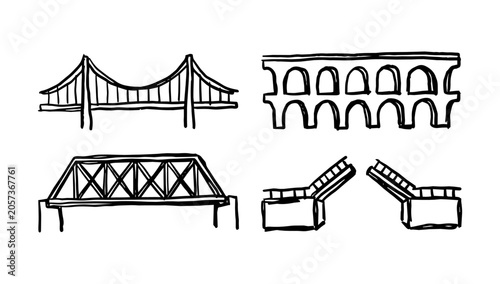 Bridge architecture doodle line collection with suspension span, viaduct arches, truss, and stairways details