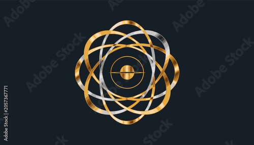 Foto Abstract golden and silver atomic symbol with orbiting electrons on a dark background, representing science and innovation