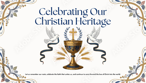 Cuadro en lienzo A decorative illustration celebrating Christian heritage with a golden chalice, cross, doves, wheat, and ornate borders