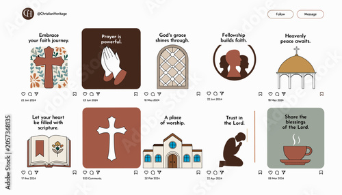 Cuadro en lienzo A grid of ten square graphic illustrations depicting various Christian faith concepts, including prayer, worship, scripture, fellowship, and symbols like crosses and churches