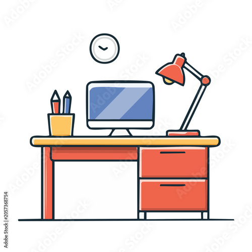 Flat design desk lamp with computer monitor and chair