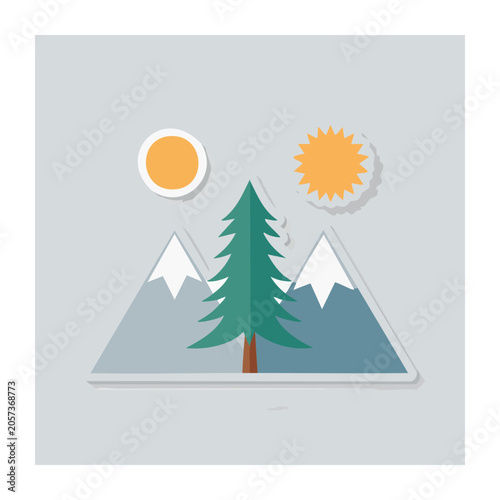 Flat design Christmas tree with sun and snowflakes