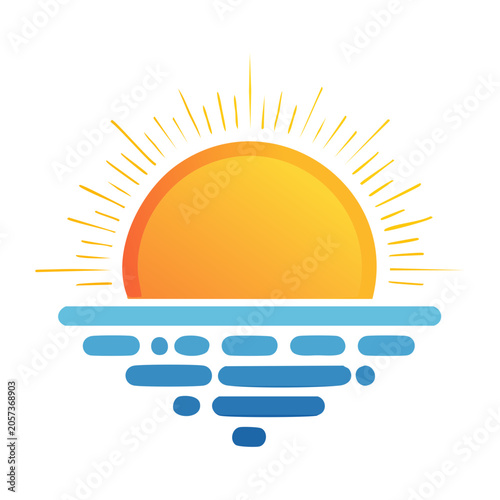 Flat design sun with rays and horizon line