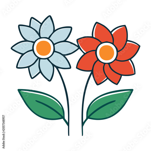 Four flat design tulips in orange red blue and green