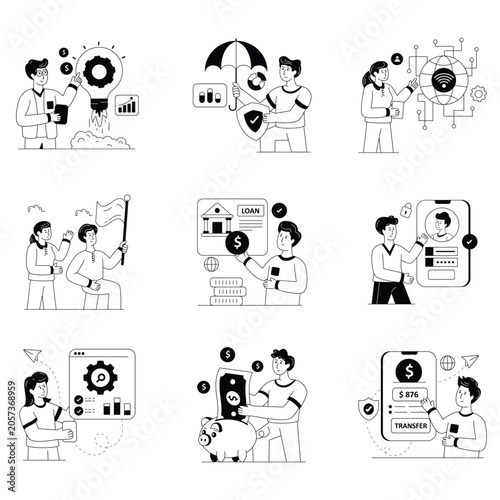 Loppy line black and white vector illustration set 07
