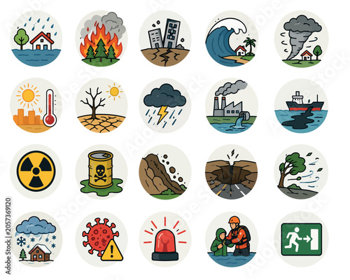 Foto Vsai global emergency icons showing natural and man made disasters
