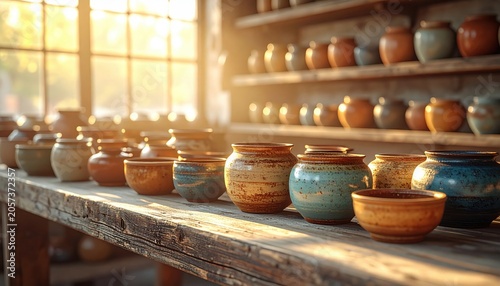 Artisanal ceramic pottery collection displayed on rustic wooden shelves bathed in warm sunlight