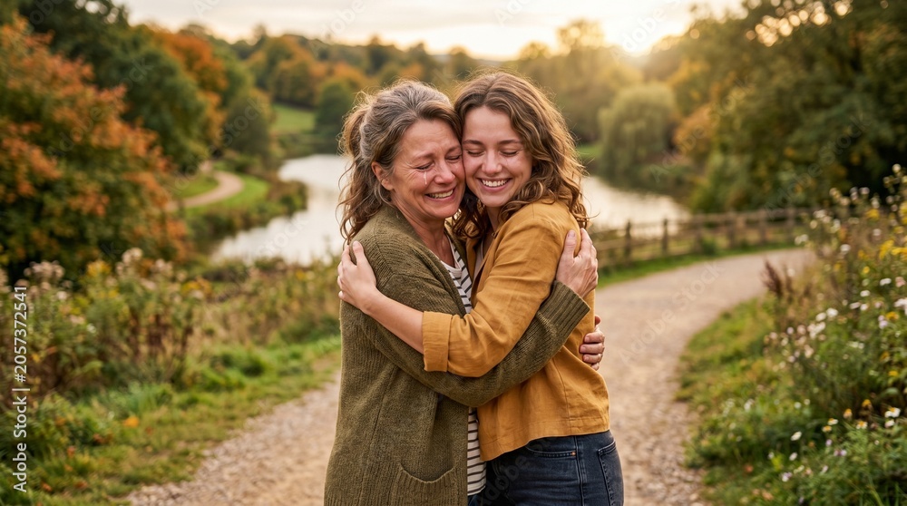 Fototapeta premium Mother and daughter embracing outdoors in autumn park with warm sunlight and colorful trees