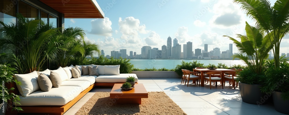 Fototapeta premium Miami rooftop terrace with sectional sofa and dining set. Palm trees and lush plants surround lounge area. City skyline and bay view create backdrop for luxury outdoor living.