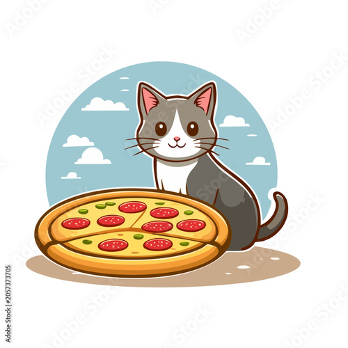 Cartoon pizza with cat chef illustration