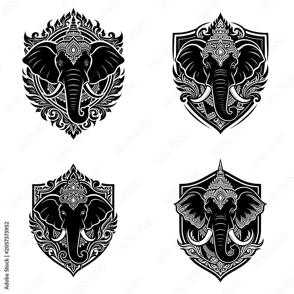Obraz premium Royal Thai elephant crest featuring a majestic elephant within a heraldic emblem. Premium vector design symbolizing strength, wisdom, prestige, and cultural heritage.