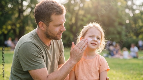 Father applying protective sunscreen lotion to his young daughter's face while outdoors in a sunny park