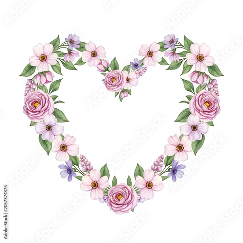Watercolor floral heart wreath with beautiful pink and purple flowers
