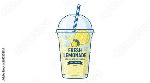 Vector illustration of fresh lemonade takeaway plastic cup with straw, ice cubes and lemon slices isolated on white background
