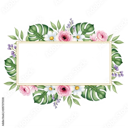 Watercolor floral frame with pink flowers and green tropical leaves