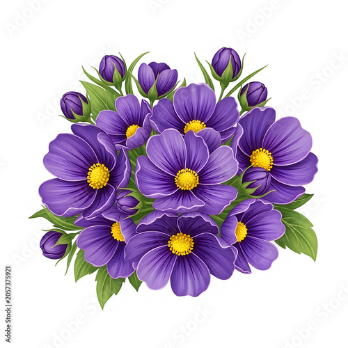Beautiful bouquet of purple cosmos flowers with green leaves