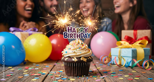 Chocolate Birthday Cupcake with Sparkler and Happy Birthday Topper
