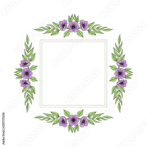 Decorative square floral frame with purple flowers and green leaves