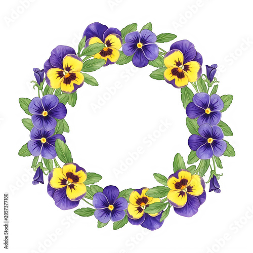 Beautiful wreath made of purple and yellow pansy flowers