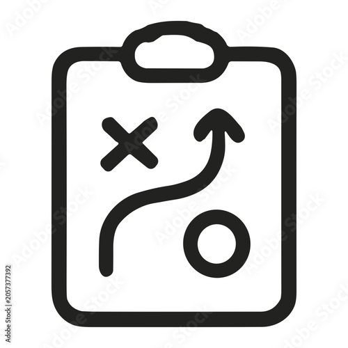 Monochrome clipboard icon depicting a sports strategy play diagram with X and O markers, curved arrow route and path lines, symbolizing coaching, tactics, planning and game strategy