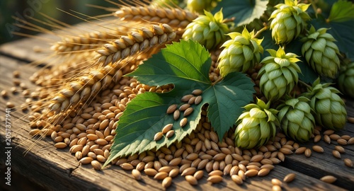 Golden Wheat Harvest with Green Grain Ears on Rustic Wood Texture