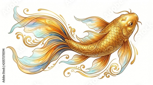 Stylized digital art of a golden koi fish with intricate scales and flowing watercolor fins isolated on white background