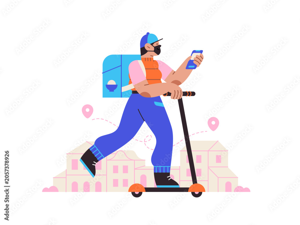 Fototapeta premium Man riding scooter in city cartoon illustration
