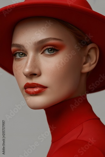 Fashion portrait woman in red hat with glossy red makeup style