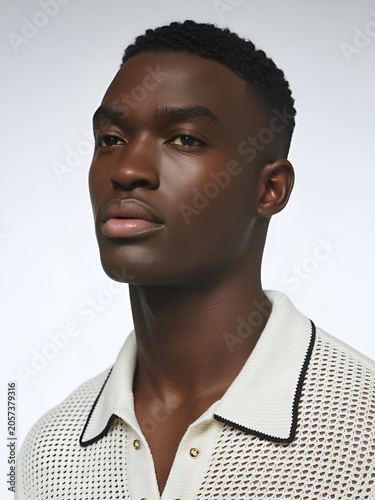 Black male fashion portrait with mesh shirt and clean studio style
