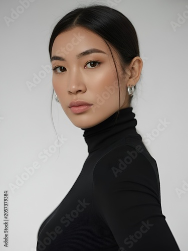 Beauty portrait Asian woman in black turtleneck with clean style