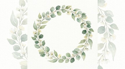 Watercolor botanical wreath with green leaves and berries on a white background.