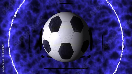 Soccer ball on blue neon background in motion