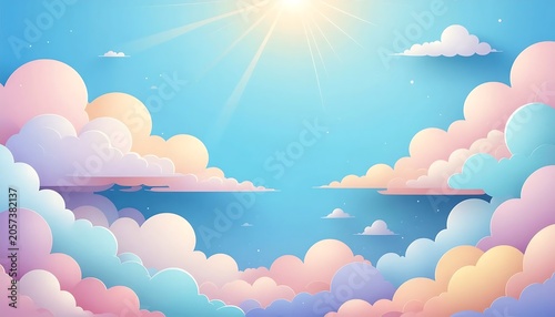Dreamy Pastel Sky with Sun Rays and Fluffy Clouds