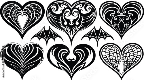Εκτύπωση καμβά Detailed heart vector designs with bat wings, spiderwebs, and elaborate tribal patterns