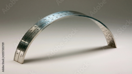 taut. A metal ruler bent into a smooth arch under pressure, sharp focus on the curve. STEM education sheets, lab safety posters, designed for biotech research communications, used by policy analysts.