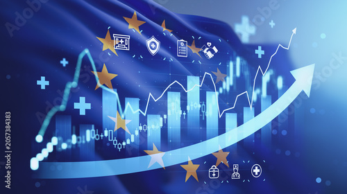 Fotografija EU flag with rising financial chart, glowing market indicators and economic growth analytics displayed over dynamic blue background