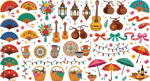 Spanish Festival Vector Collection Featuring Decorative Fans Guitars Lanterns Ceramics Ribbons and Traditional Celebration Elements