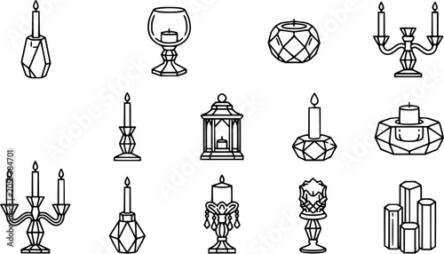 Konstfotografi Black  White Line Art Icons Set of Candles and Candle Holders for Home Decor, Celebration, and Ambiance