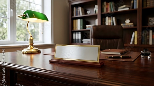 Blank silver and gold nameplate on dark wooden executive desk in library