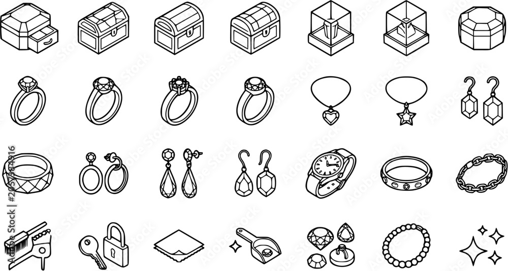 Fototapeta premium Jewelry Isometric Line Art Icons. Black and White Outline Collection of Rings, Necklaces, Earrings, Watches, Gems, and Accessory Boxes.