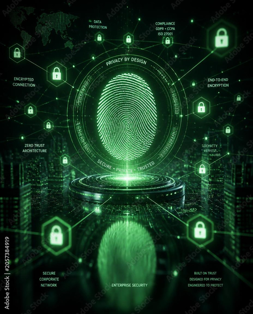 Obraz premium Privacy by design fingerprint hologram over secure cloud systems network glowing green with encrypted connection and data protection creating sovereign identity and trusted enterprise security